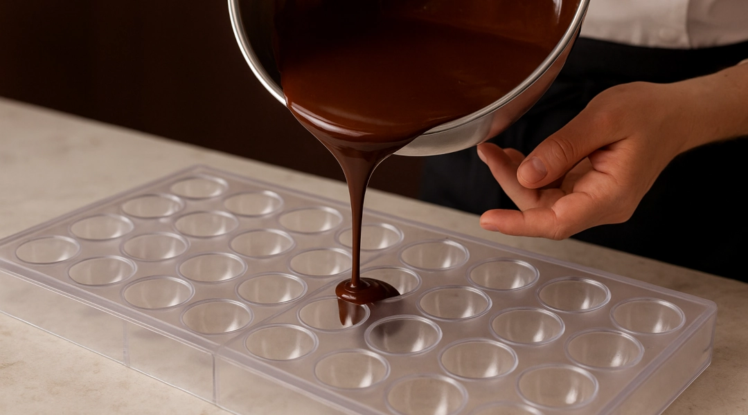 Produkcja pralin, etap wylewania roztopionej czekolady do formy poliwęglanowej na praliny