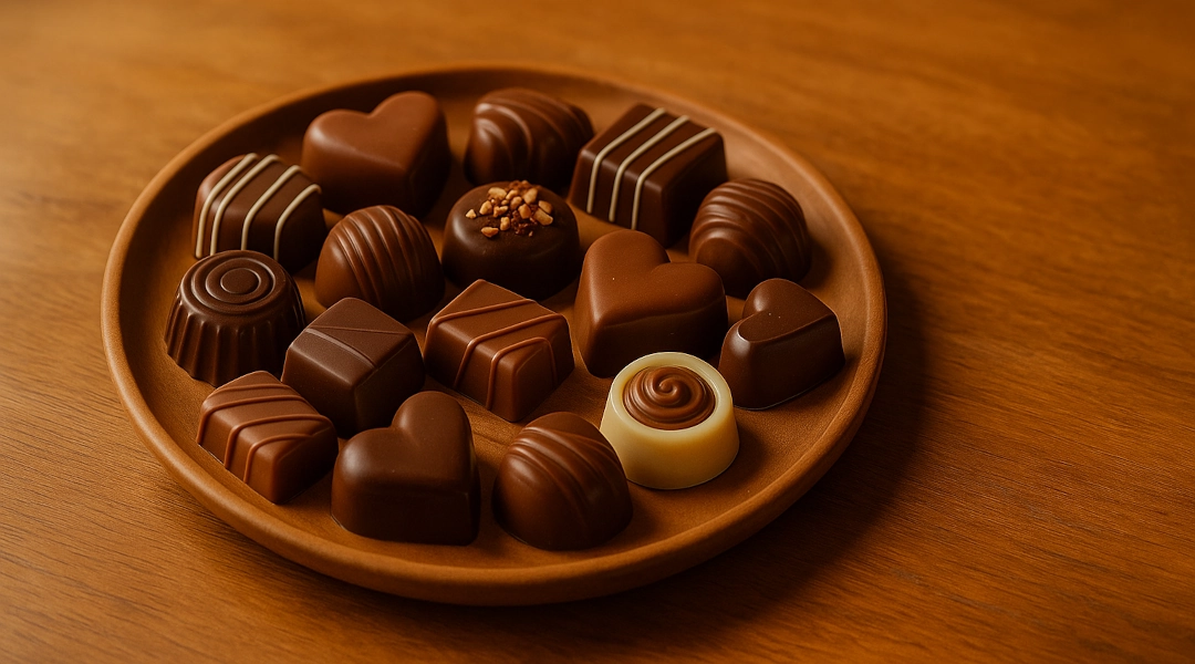 Produkcja pralin, gotowe praliny na talerzu